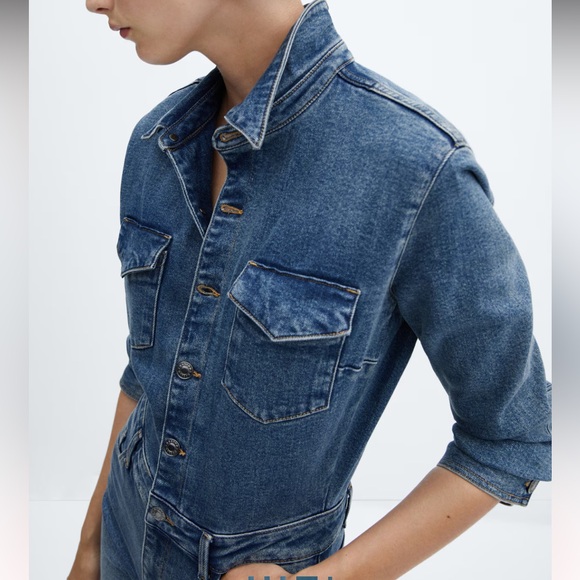 Mango Soft Denim Jumpsuit in Blue Cotton Long Sleeve Buttons - Picture 4 of 6